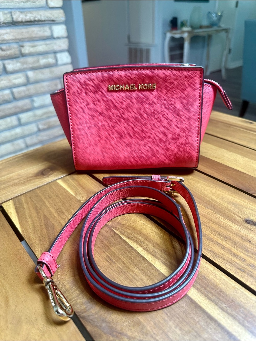 Michael Kors Coral Pink Selma Saffiano Mini Messenger Bag